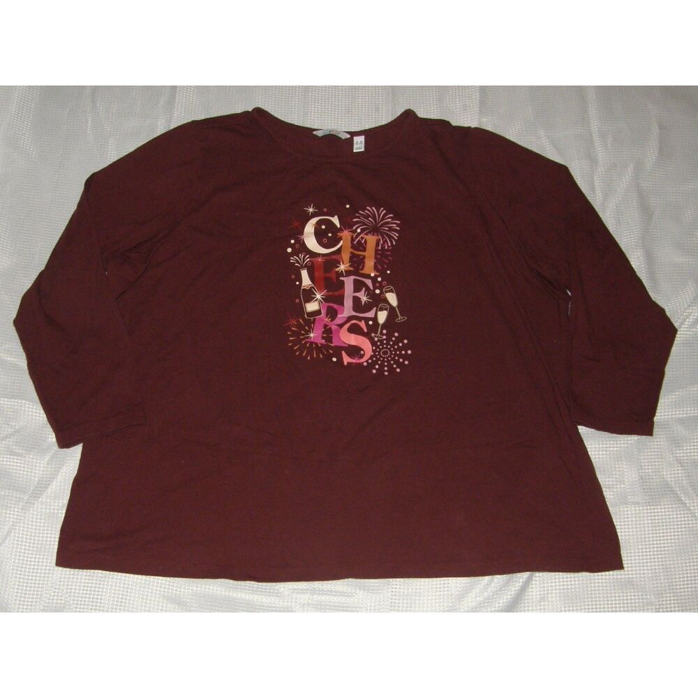 Maroon Plus Sz 3X Long Sleeve CHEERS Soft Stretchy Holiday Tee Shirt DENIM & CO